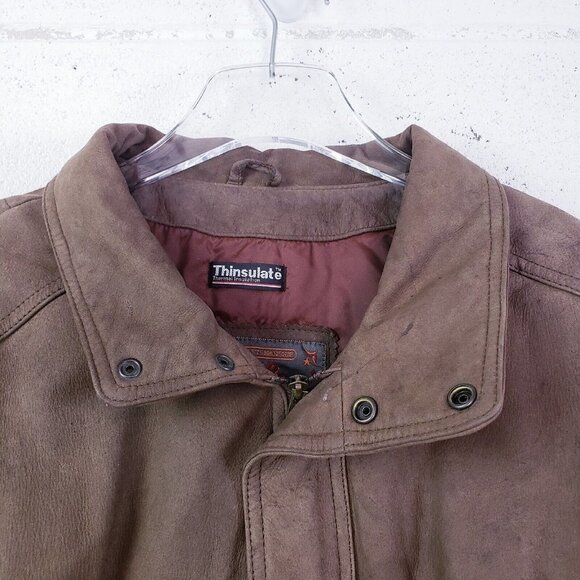 Vintage 90s y2k Adventure Bound Aviator Bomber Insulated Brown Leather Jacket 1X - Picture 4 of 12